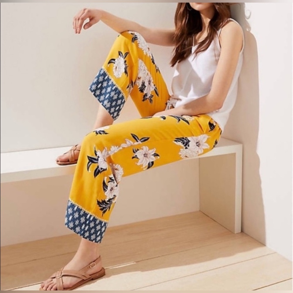LOFT Floral Fluid Wide Leg Cropped Pants in Yellow Honey Bee Size Small
